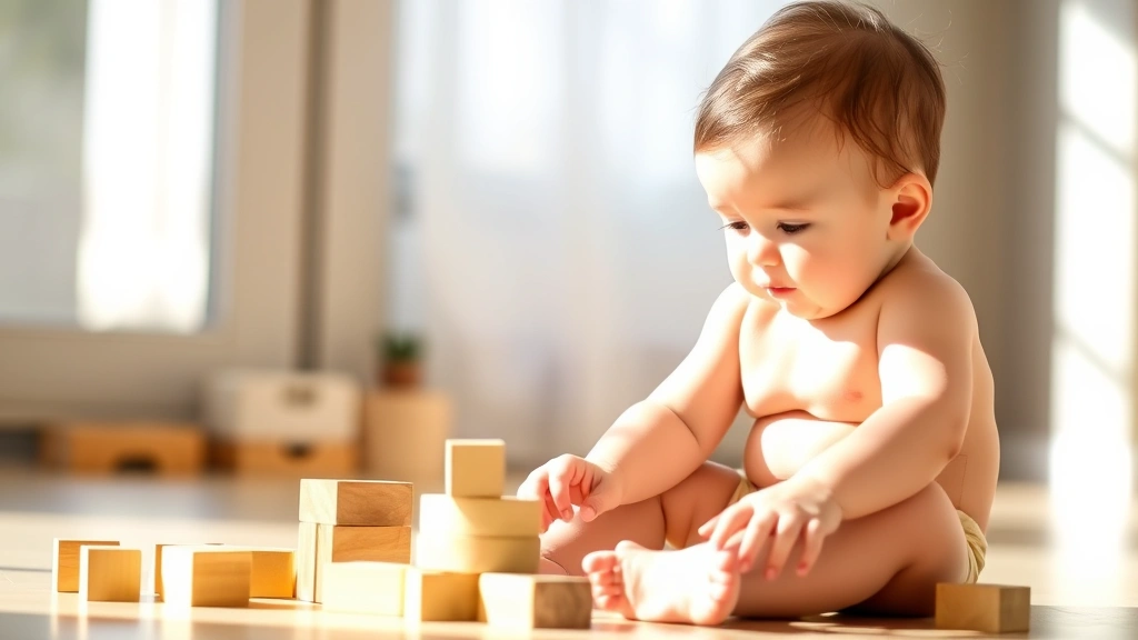 Eight-month-old baby sitting independently playing with wooden blocks, focused concentration, natural daylight, developmental milestone moment
