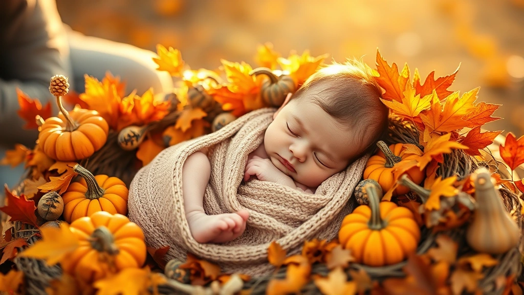 Peaceful newborn baby nestled gently among small decorative pumpkins and autumn leaves, soft golden hour sunlight, parents watching tenderly nearby