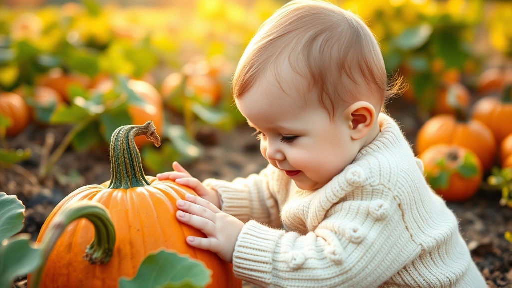Curious six-month-old baby in cream-colored sweater touching and exploring an orange pumpkin in a patch, warm afternoon light, genuine happy expression