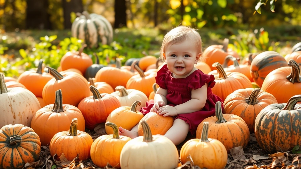 Toddler in burgundy dress sitting among varied pumpkins at harvest time, playing naturally with gourds, dappled sunlight through fall foliage, genuine joy