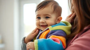 Close-up of mother dressing smiling infant in soft, colorful fleece jacket indoors, natural window light, tender moment, parents clothing baby