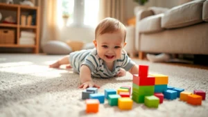 Happy baby on clean carpet during floor play, reaching toward colorful toy blocks, natural daylight, parent watching in background, warm and encouraging environment