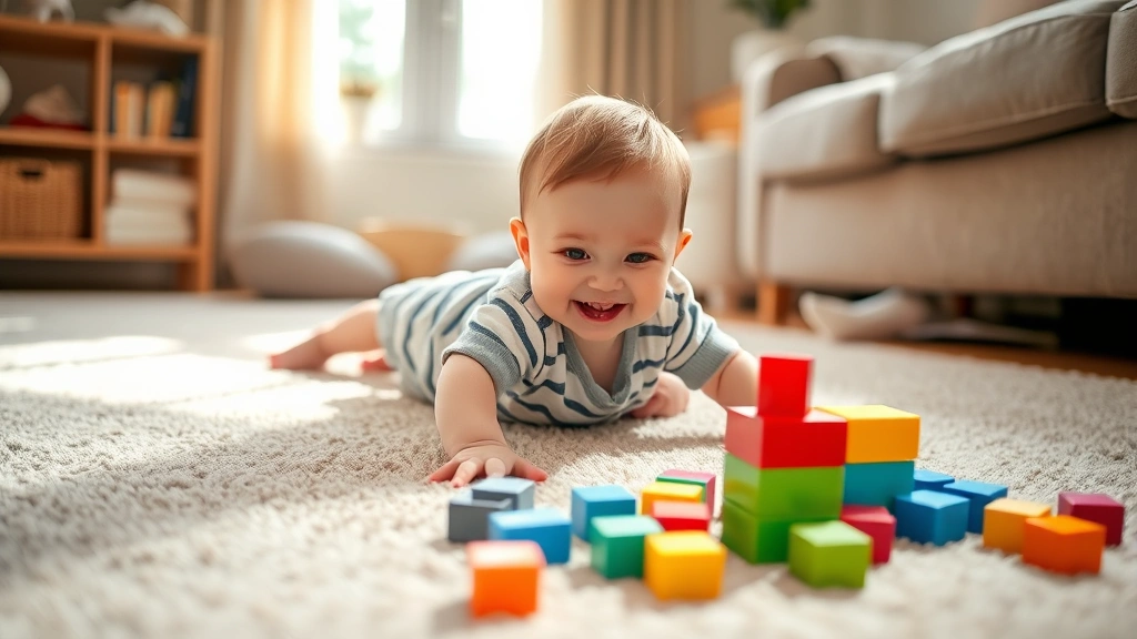 Happy baby on clean carpet during floor play, reaching toward colorful toy blocks, natural daylight, parent watching in background, warm and encouraging environment