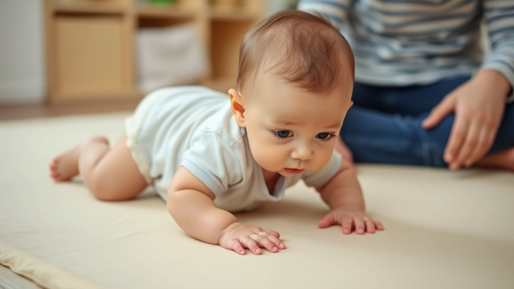 Infant in hands-and-knees crawling position on soft play mat, concentrating with determination, safe padded playspace, supportive parent nearby, developmental milestone moment