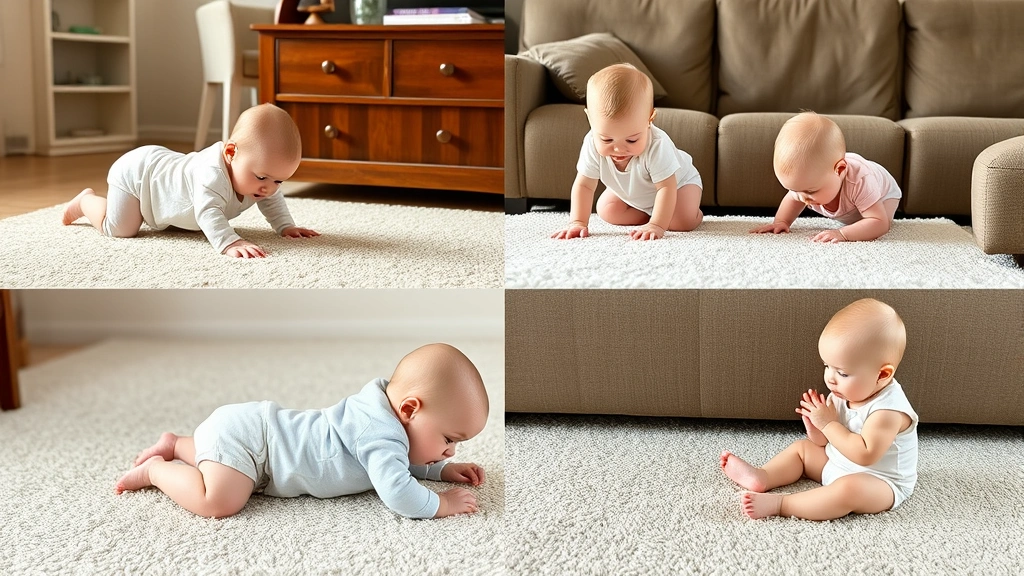 Diverse group of babies showing different movement styles: one belly crawling, one bottom scooting, one cruising furniture, one practicing sitting, showing normal developmental variations