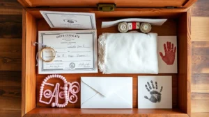 Overhead view of organized baby keepsake box with hospital bracelet, birth certificate, tiny newborn clothing, lock of hair in envelope, and handprints arranged neatly with acid-free tissue paper