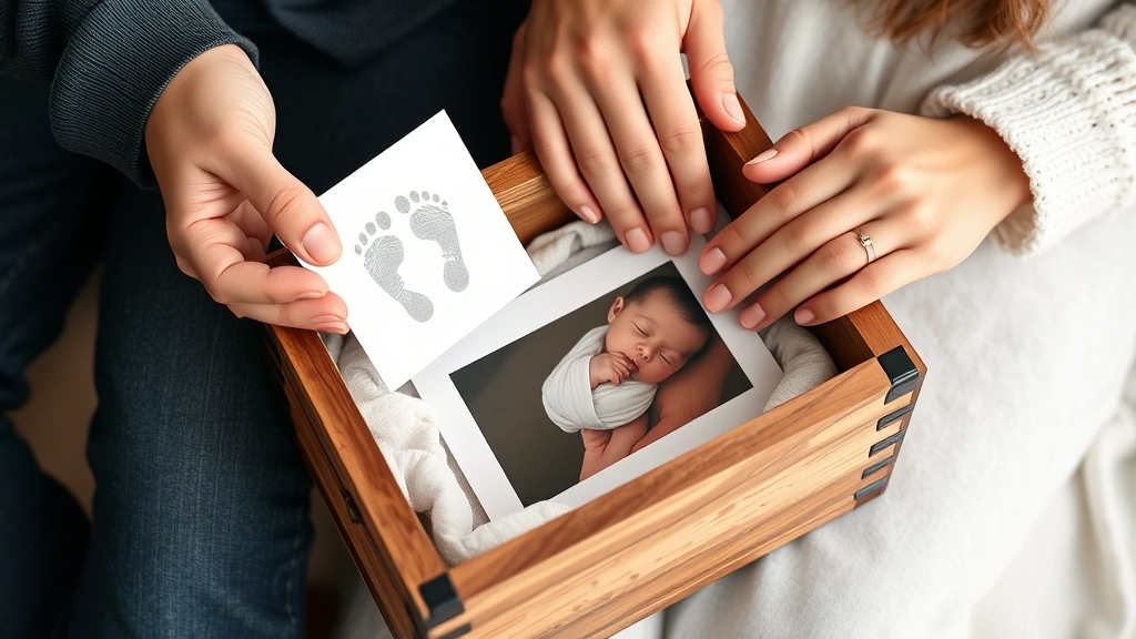 Close-up of parent's hands gently placing newborn footprint card and first photo into a decorative wooden keepsake box lined with soft fabric