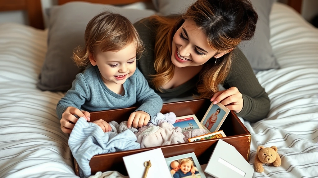 Mother and young child together looking through opened keepsake box, smiling warmly at memories including baby clothes, photos, and milestone items spread on bed