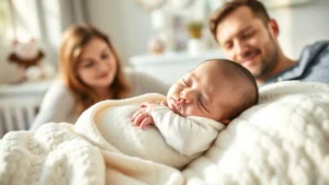 Peaceful newborn baby sleeping peacefully in soft natural light, surrounded by gentle nursery decor, parents watching with loving expressions nearby