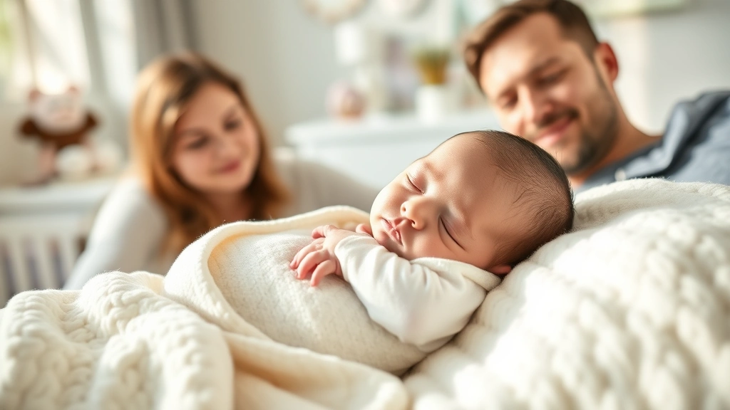 Peaceful newborn baby sleeping peacefully in soft natural light, surrounded by gentle nursery decor, parents watching with loving expressions nearby