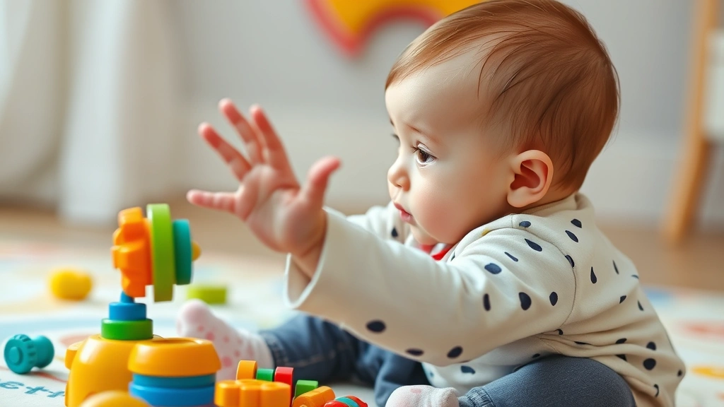 Curious six-month-old baby reaching toward colorful toys with focused concentration, sitting on soft play mat with varied textures and objects for exploration