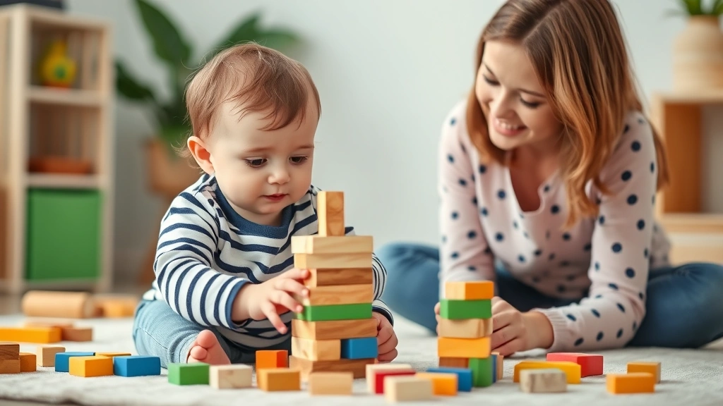 Toddler playing with stacking blocks showing problem-solving, parent sitting nearby offering encouragement and support during developmental play session