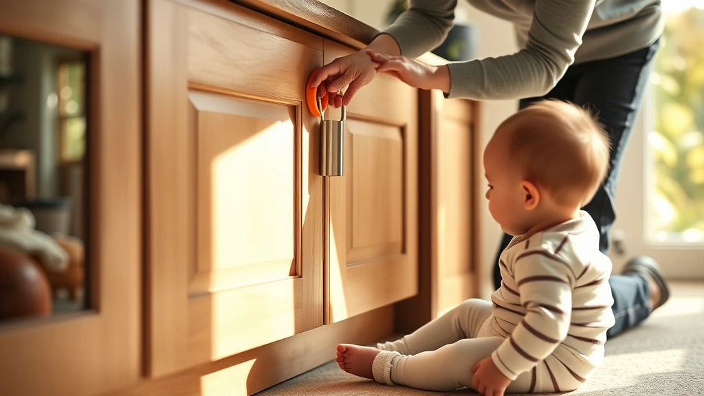 Close-up of parent installing magnetic baby lock on kitchen cabinet while infant sits nearby on floor, warm natural lighting, cozy home setting