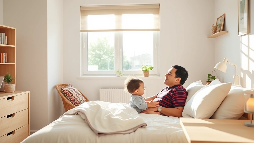 Parent and toddler in bright bedroom with secured furniture, soft natural light streaming through cordless window shades, safe sleep environment