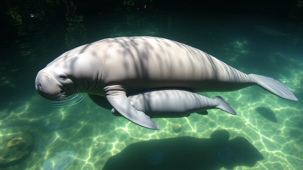 Mother manatee swimming protectively beside her gray baby calf in clear Florida springs, sunlight filtering through water, showing natural bonding behavior