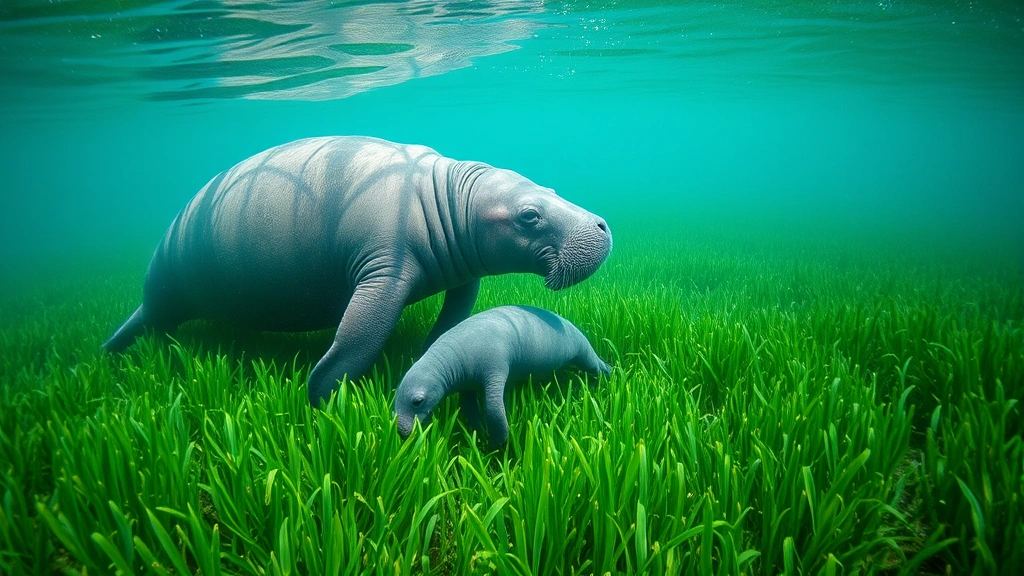 Underwater seagrass meadow with manatee calf grazing alongside mother, showing critical habitat environment, lush aquatic vegetation, natural lighting