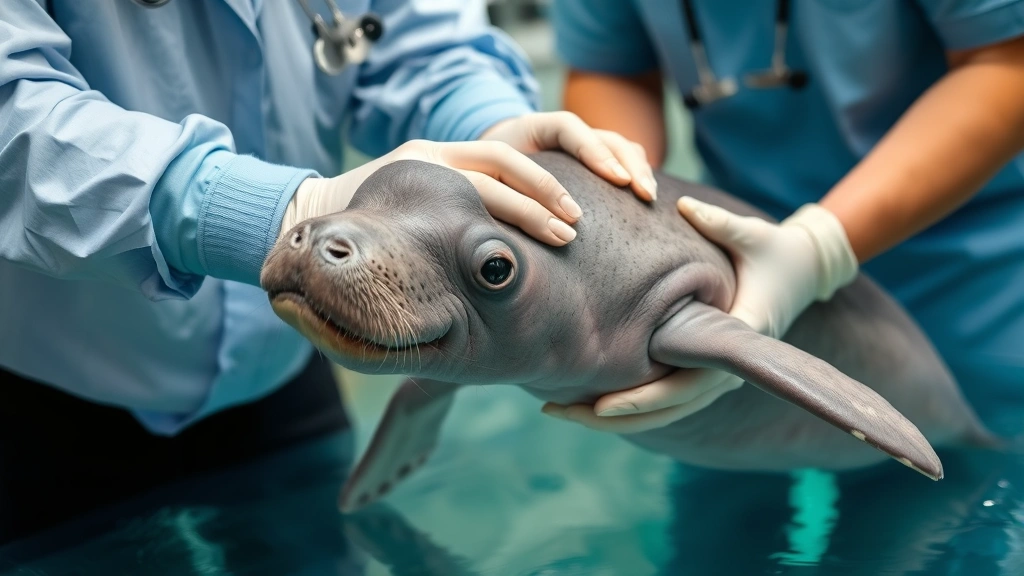 Baby manatee being examined by wildlife veterinarian in rehabilitation facility, showing professional marine mammal care and medical treatment