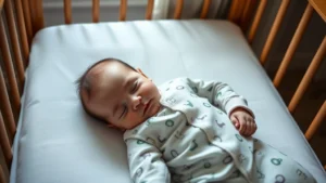 Peaceful sleeping baby wearing puffy patterned sleepsuit in crib with soft lighting, natural daylight from window, calm bedroom environment