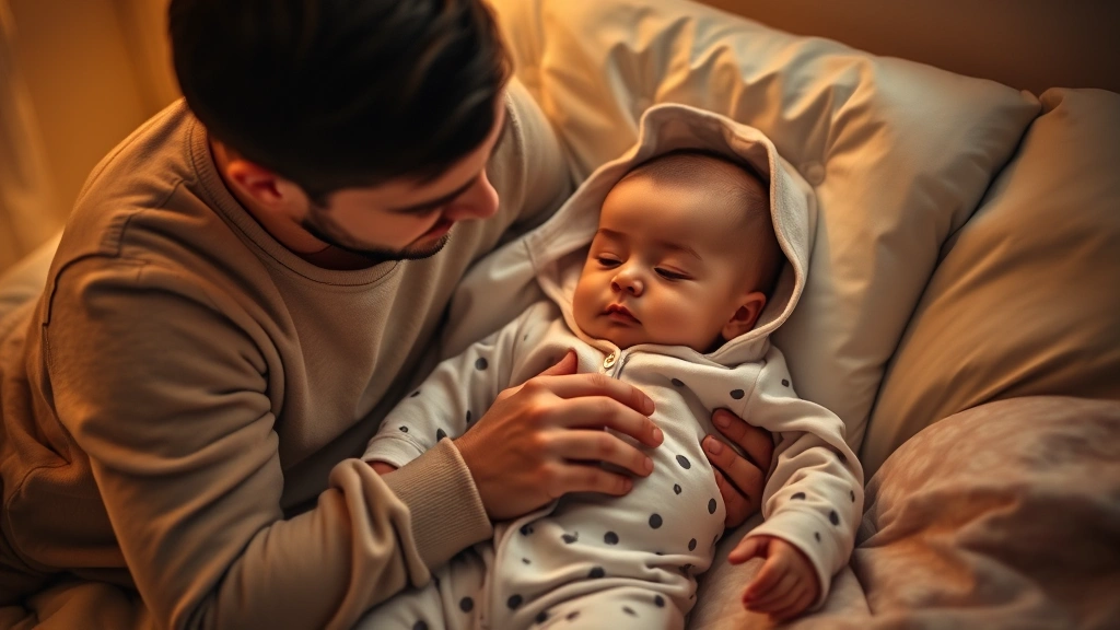 Parent carefully adjusting sleepsuit on drowsy baby during bedtime routine, warm intimate lighting, showing proper fit and comfort