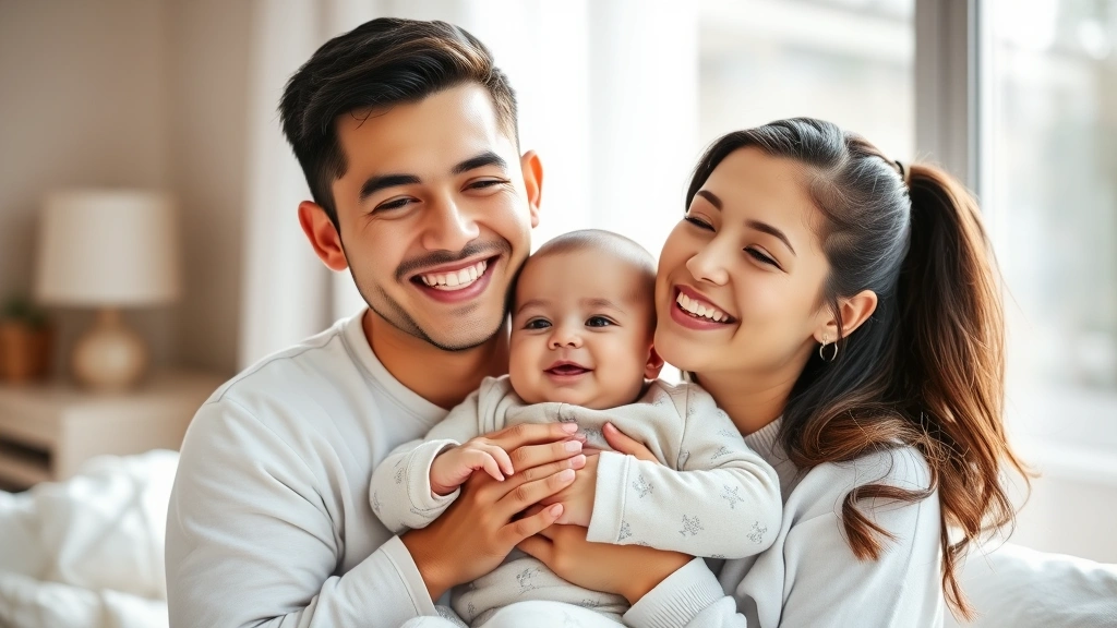 Smiling parent holding content baby in sleepsuit during morning after good night's sleep, bright natural light, happy family moment