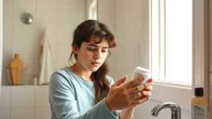 Parent in bathroom checking product labels carefully, reading lubricant bottle ingredients with concerned expression, morning light through window