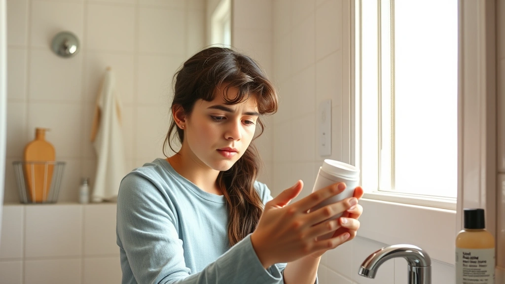Parent in bathroom checking product labels carefully, reading lubricant bottle ingredients with concerned expression, morning light through window