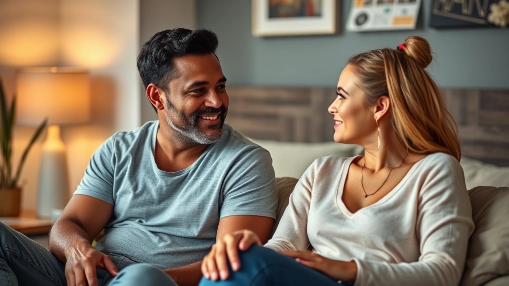 Diverse couple having honest conversation about sexual health and wellness, sitting together comfortably, warm bedroom lighting, respectful intimacy