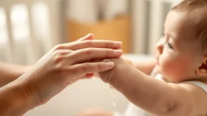 Close-up of parent gently applying clear baby oil to infant's arm after bath time, warm lighting, natural nursery setting, soft focus background