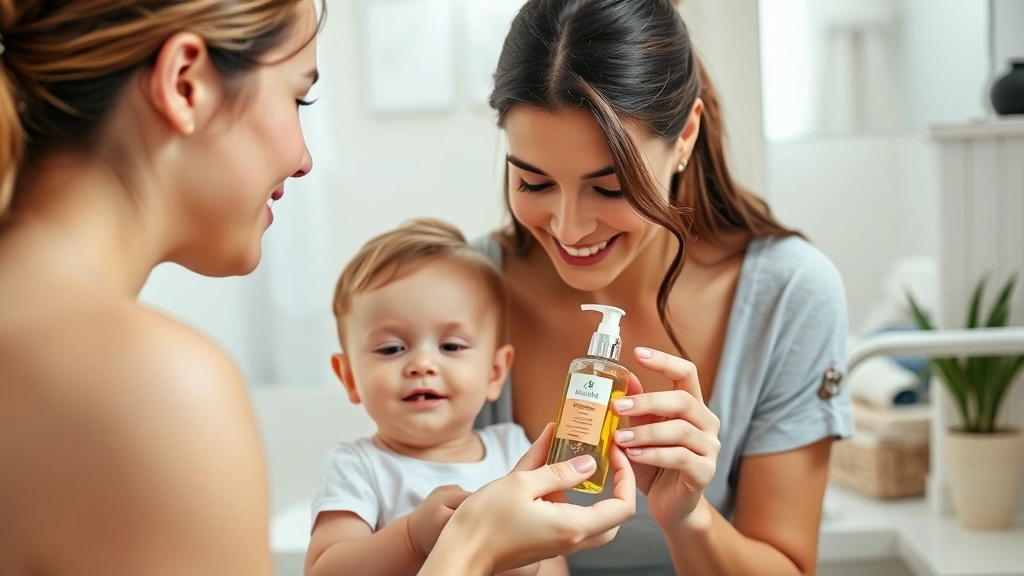 Young child with parent during skincare routine, mother holding fragrance-free baby oil bottle, bathroom setting with soft natural light, tender moment
