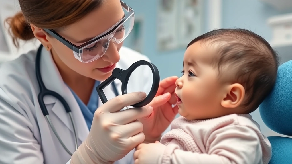 Dermatologist examining baby's skin with magnifying glass, clinical setting, professional healthcare environment, educational atmosphere