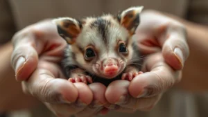 Close-up of a tiny baby opossum joey being gently held in cupped hands, person wearing protective gloves, soft natural lighting, warm home setting, shows small furry marsupial with pink nose