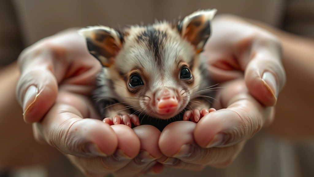 Close-up of a tiny baby opossum joey being gently held in cupped hands, person wearing protective gloves, soft natural lighting, warm home setting, shows small furry marsupial with pink nose