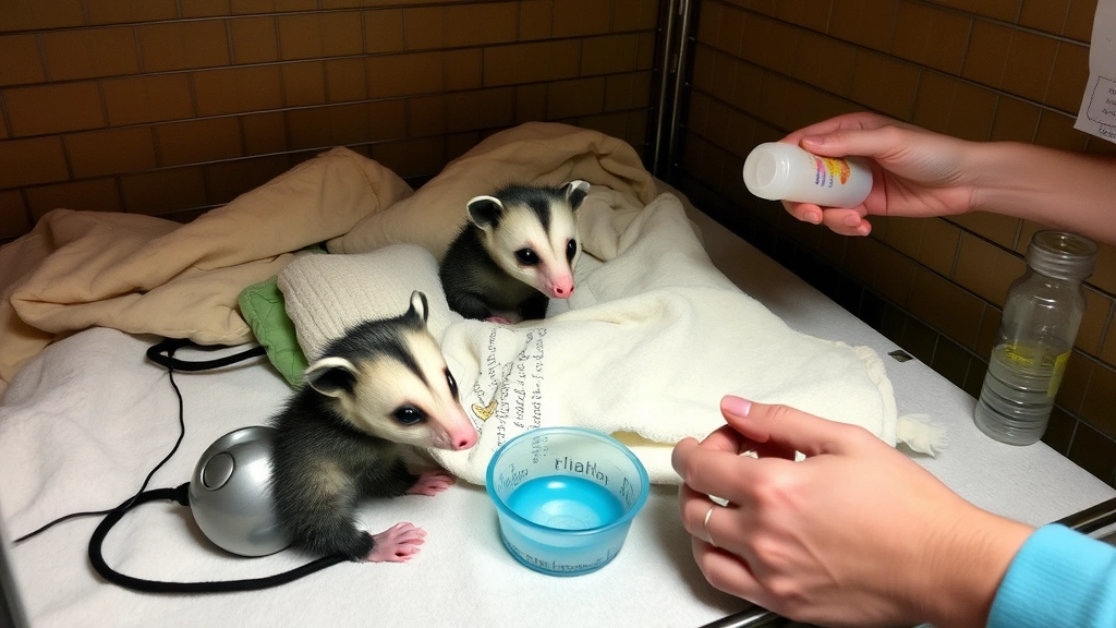 Baby opossum in temporary care enclosure with soft bedding, heating pad setup visible, small water bowl and feeding bottle nearby, cozy indoor rehabilitation space, caring hands preparing environment