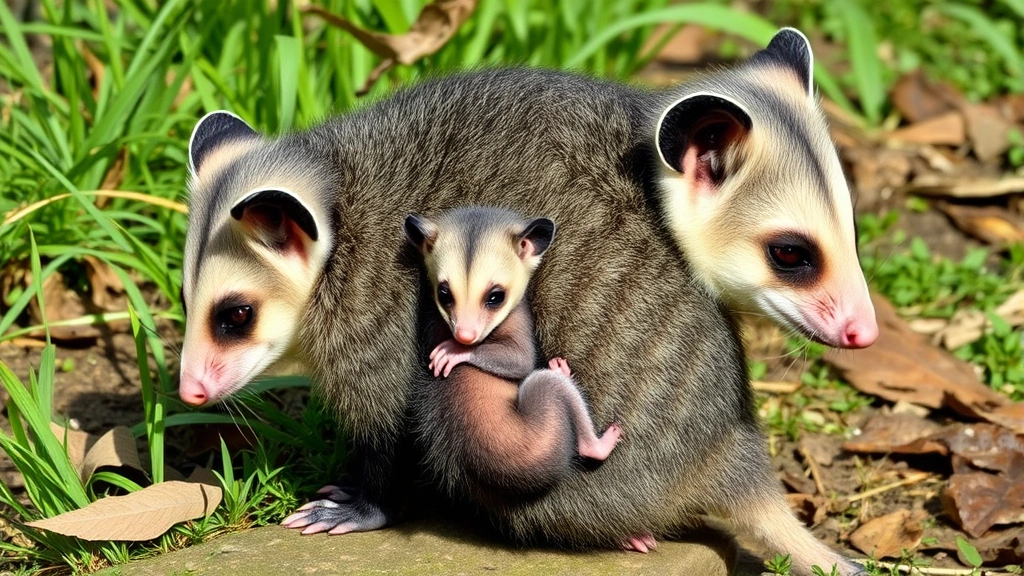 Adult female opossum with baby joey clinging to her back in natural outdoor setting, mother protecting young, demonstrates natural maternal care, garden background with grass and leaves
