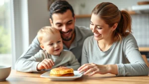 Parent and baby enjoying pancake breakfast together at kitchen table, smiling warmly, natural morning light, soft focus background, both looking at small pancake on plate
