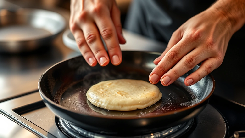 Hands carefully flipping a small fluffy pancake on non-stick skillet, close-up of cooking technique, steam rising, warm kitchen lighting, professional culinary presentation