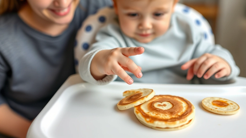 Baby's tiny hand reaching for soft pancake pieces on high chair tray, excited expression, pieces cut into small safe sizes, family meal setting with parents nearby supervising