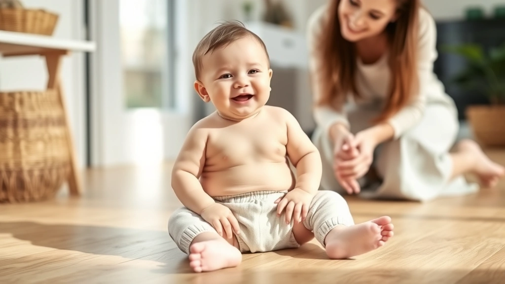 Happy baby wearing soft cotton pants sitting on wooden floor, natural daylight, mother kneeling beside smiling at infant, cozy home setting