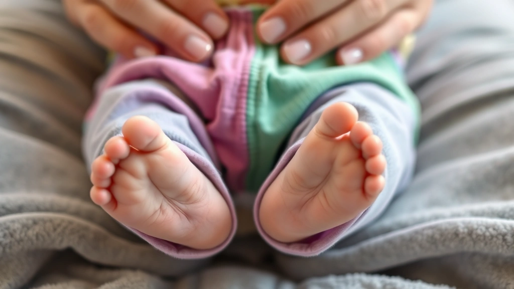 Close-up of baby's feet in colorful elastic-waist pants, soft fabrics in various textures displayed, parent's hands adjusting waistband gently