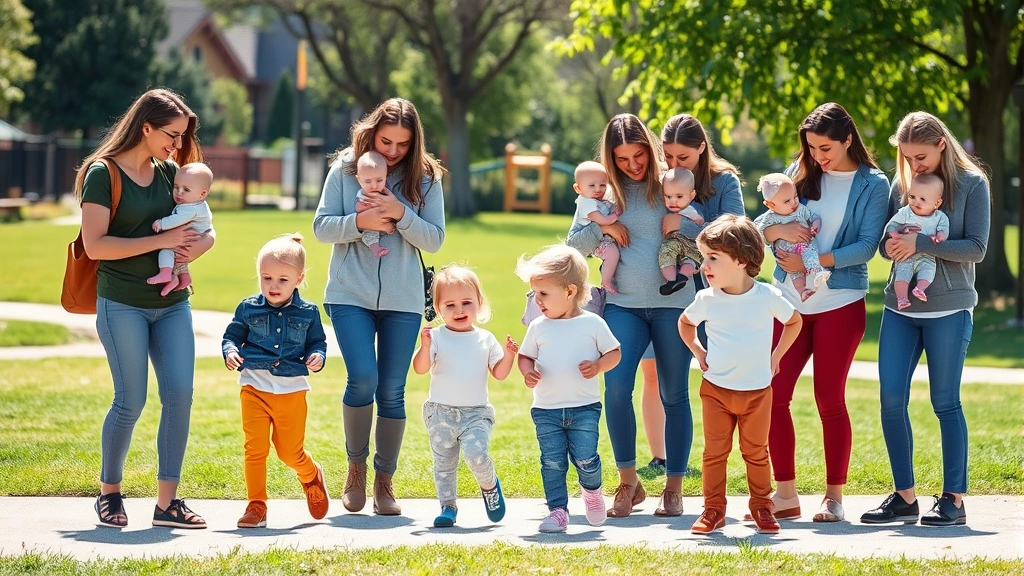 Diverse group of moms with babies at park, toddlers wearing different styles of pants playing together, sunny outdoor setting, casual comfortable clothing