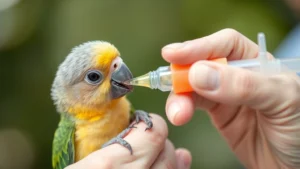 Close-up of caregiver gently hand-feeding a tiny baby parrot with a specialized syringe, showing tender interaction and proper feeding technique in natural lighting