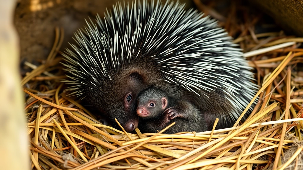 Mother porcupine with newborn porcupette in cozy nest, soft lighting, tender caregiving moment, natural den setting with straw bedding, showing maternal bond and protection
