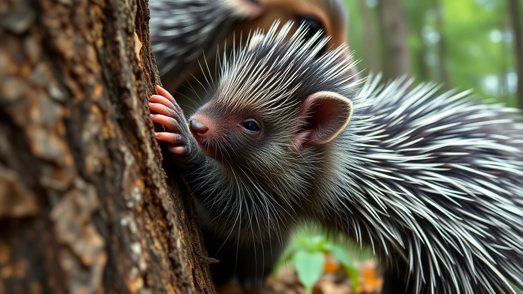 Close-up of baby porcupine learning to forage on tree bark, small paws reaching toward branch, curious expression, soft natural quills visible, mother supervising nearby, forest background