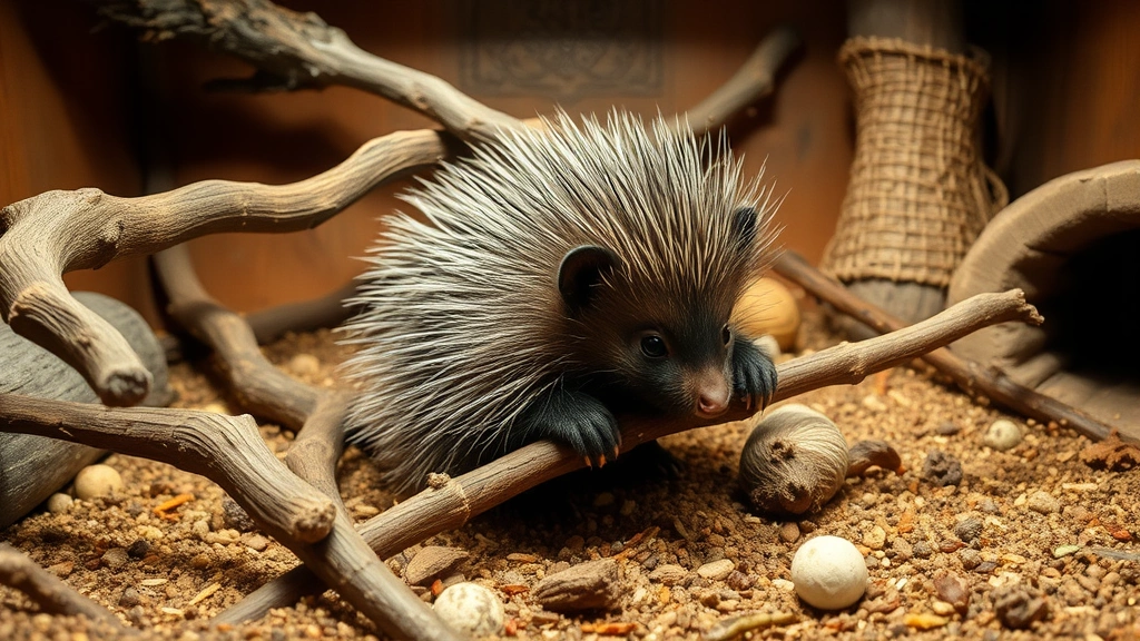 Porcupette in safe enclosure with climbing branches and enrichment items, warm lighting, various textures and hiding spots visible, shows appropriate habitat setup for young porcupine development
