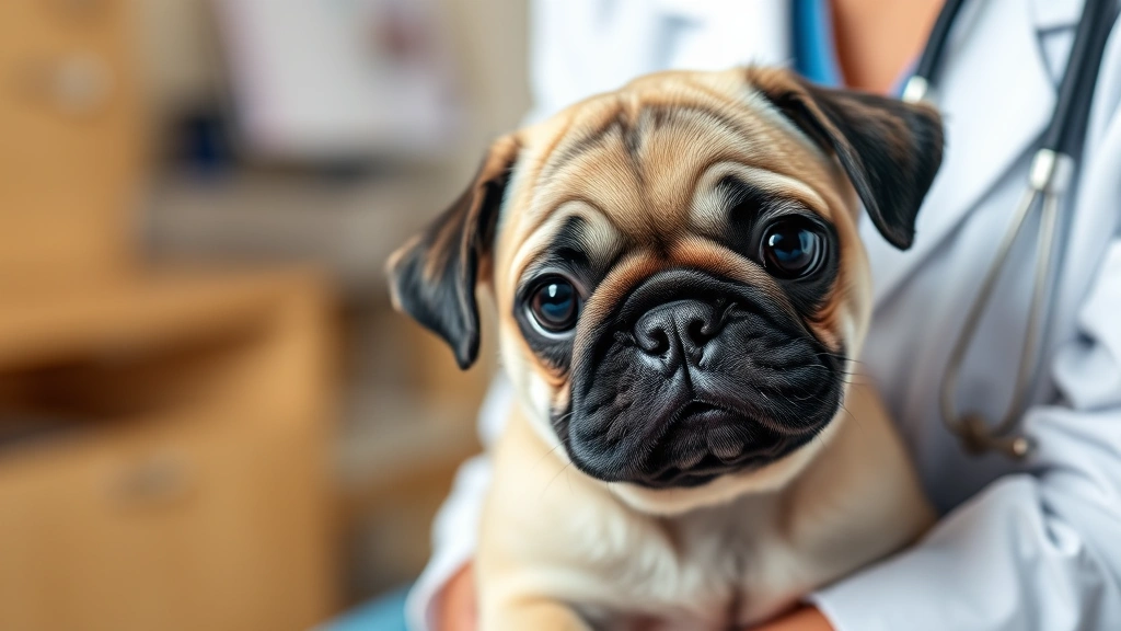 Close-up of young pug puppy receiving veterinary examination from female veterinarian in white coat, stethoscope visible, warm clinic setting, puppy looking curious and calm