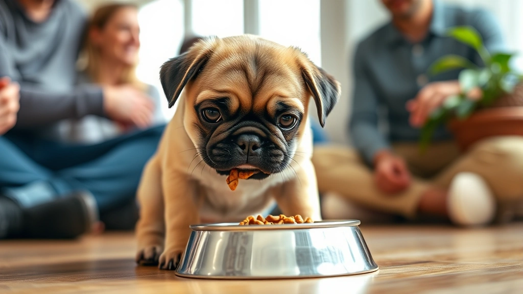 Eight-week-old baby pug eating from metal food bowl indoors, family members watching in background, bright natural lighting, healthy puppy feeding moment