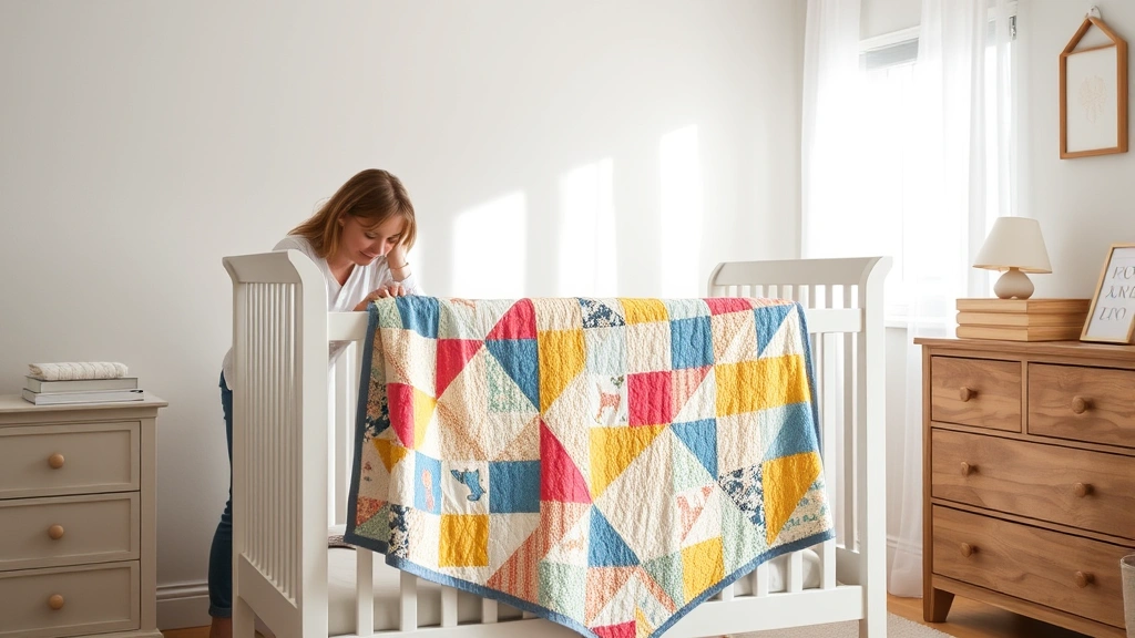 Peaceful nursery scene with soft morning light, white crib with colorful patchwork quilt draped over railing, neutral walls, wooden furniture, parent gently touching quilt, serene atmosphere