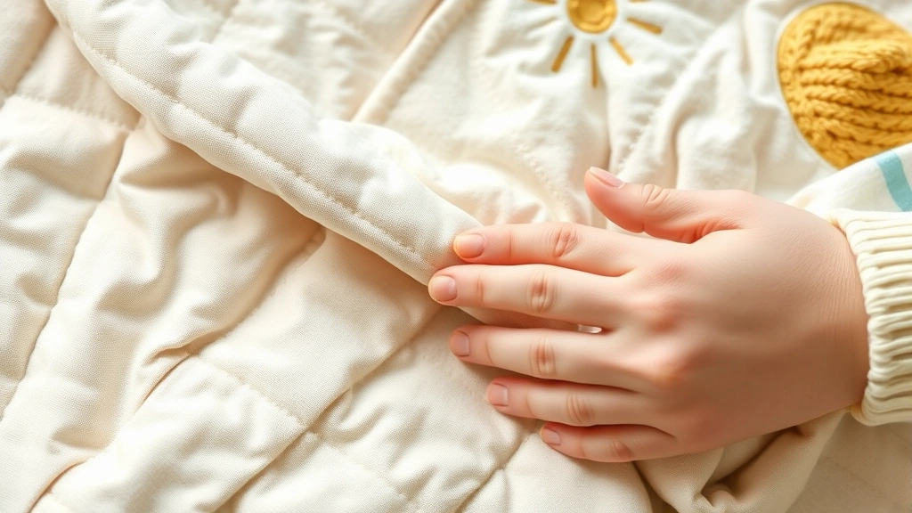 Close-up of organic cotton baby quilt fabric showing detailed stitching, texture detail, soft natural colors, hands of parent touching fabric, demonstrating quality craftsmanship and softness