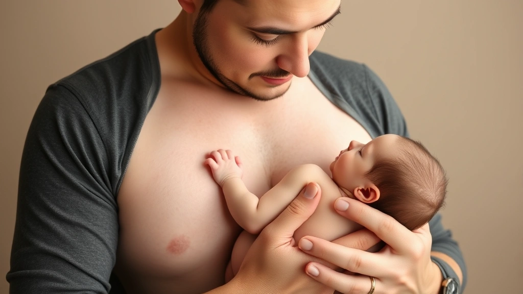 Parent holding newborn against chest in skin-to-skin contact, peaceful expression, neutral background, representing secure attachment and comfort