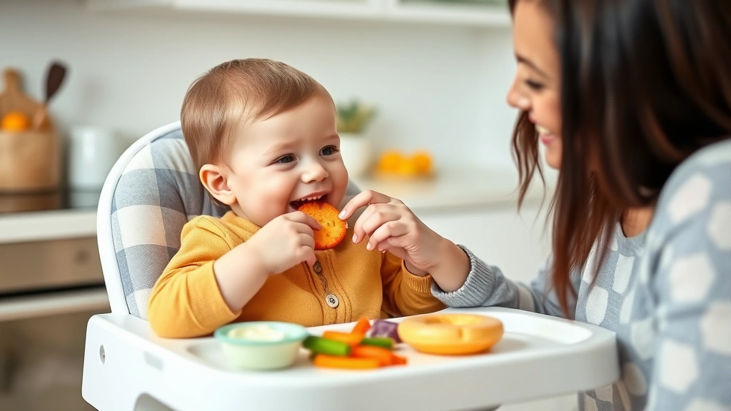 Toddler sitting in high chair eating colorful soft foods with parent nearby smiling, bright kitchen setting, healthy nutrition introduction scene